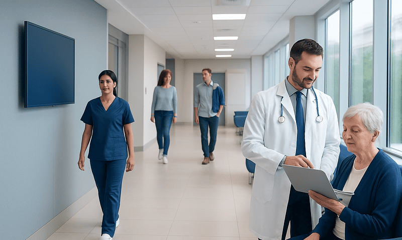 Doctor consulting with elderly patient in hospital corridor with medical staff in background.