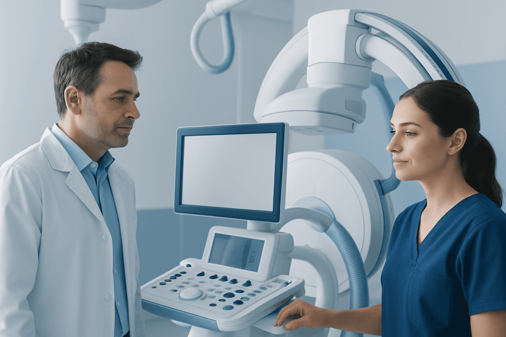 Medical professionals operating advanced imaging equipment in a hospital setting.