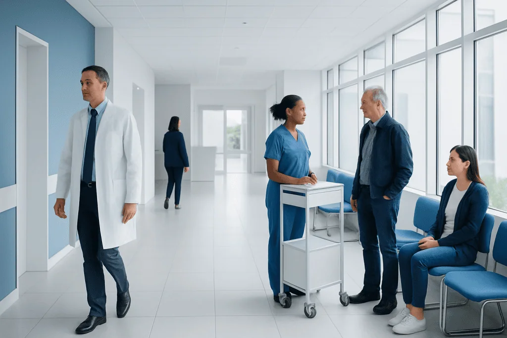 Temperature-Sensitive Medicines During Medical Travel to Turkey 1 Medical staff and patient in a hospital corridor with large windows.