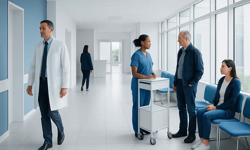 Temperature-Sensitive Medicines During Medical Travel to Turkey 12 Medical staff and patient in a hospital corridor with large windows.