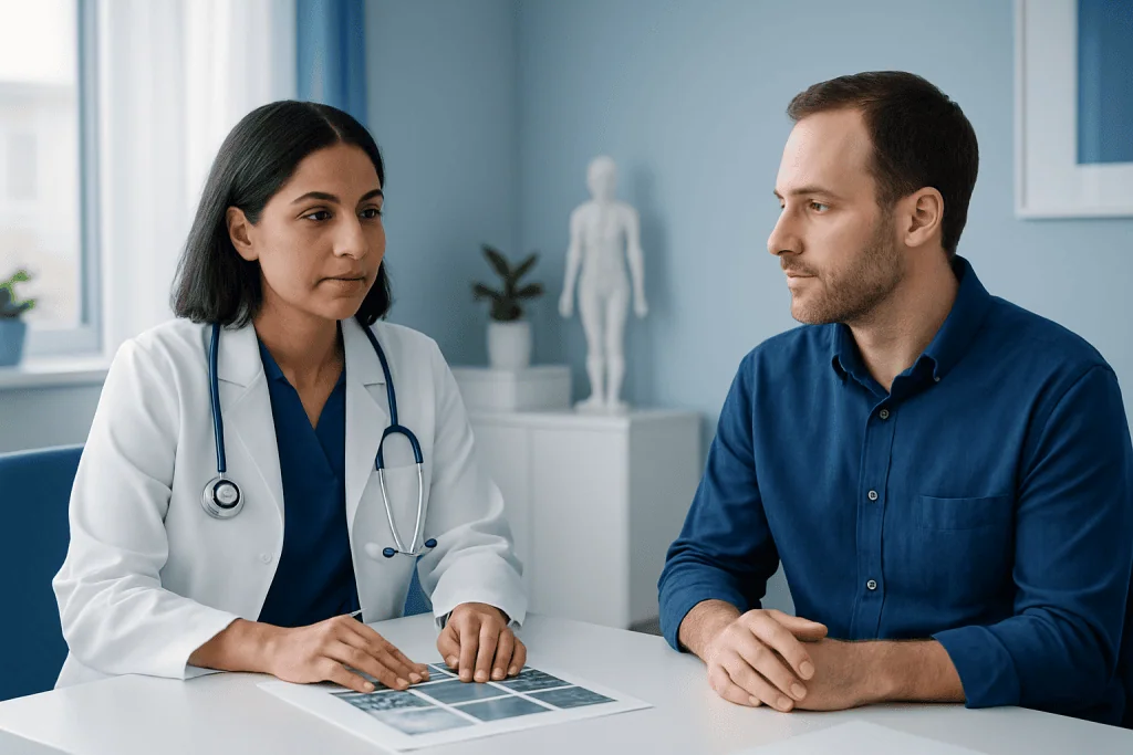 Doctor consulting patient about lab results in a medical office.
