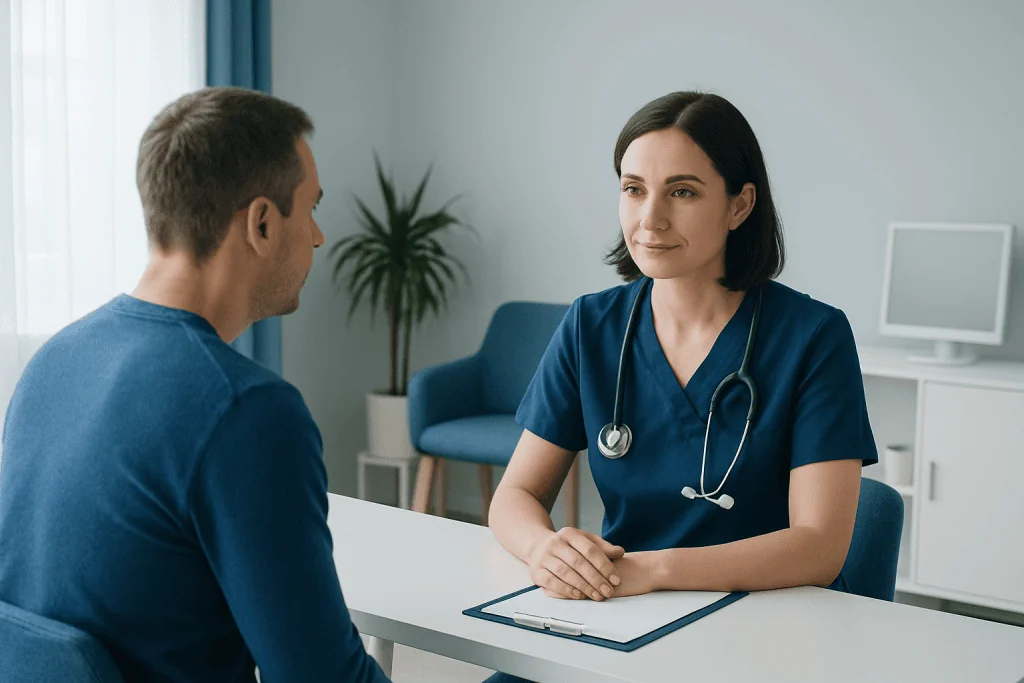 Doctor consulting with a patient in a medical office setting.