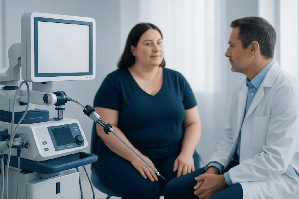 Doctor consulting with a patient in a medical examination room at Acibadem Hospitals.