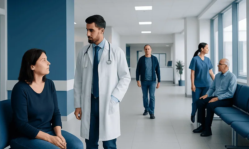 When Does Low-Cost Treatment in Turkey Become More Expensive Overall? 9 Doctor consulting patient in hospital corridor with waiting area.