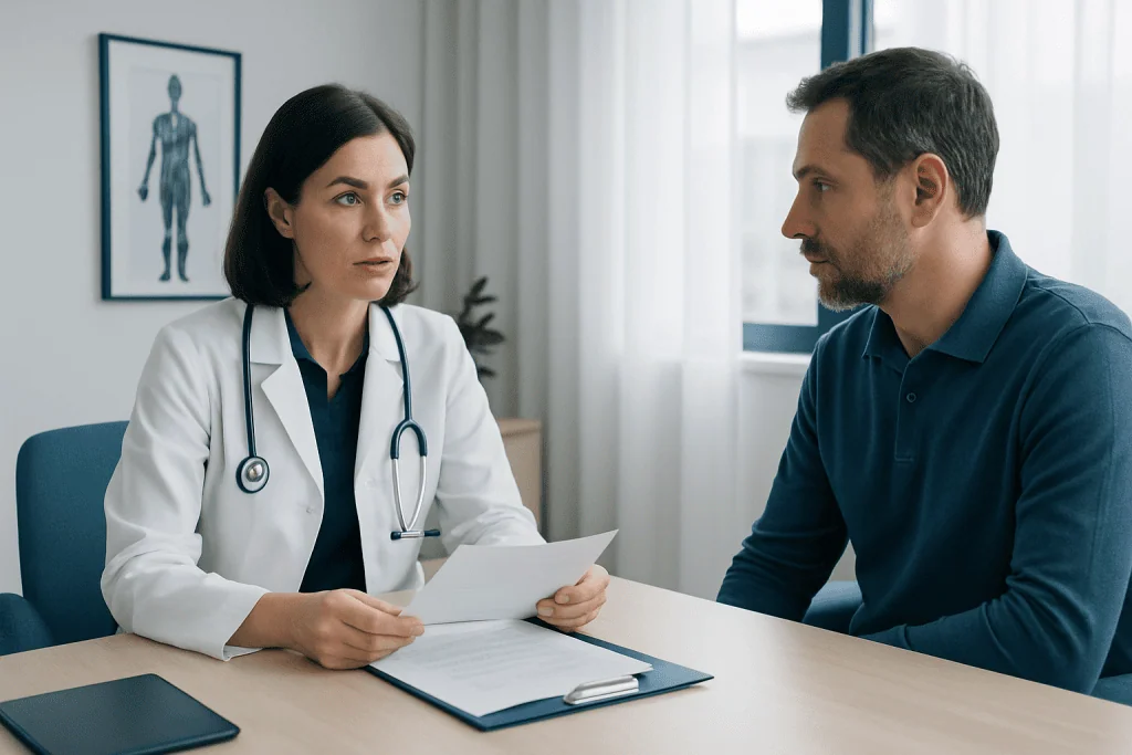 Doctor discussing treatment costs with patient in consultation room.