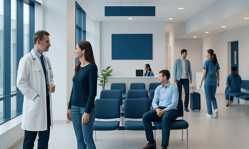 Doctor talking to a patient in a modern hospital waiting area.