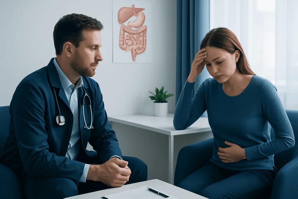 Doctor consulting with a woman about digestive health issues in a clinic.