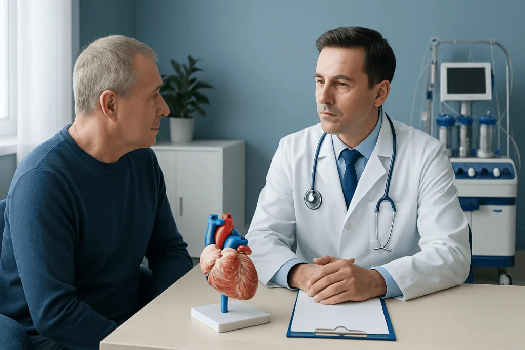 Doctor explaining heart health to patient in medical consultation room.