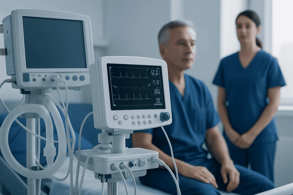 Medical monitoring equipment in a hospital room with healthcare professionals.