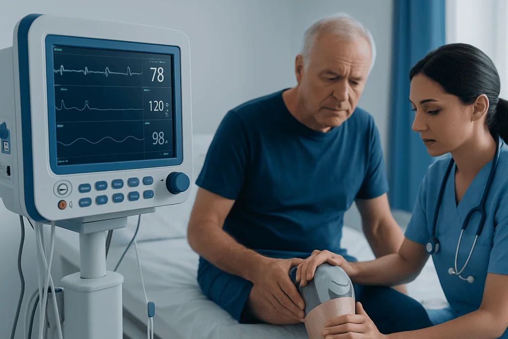 Doctor examining patient's knee after knee replacement surgery in hospital.