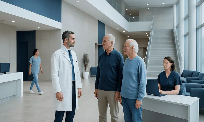 Doctor consulting with two elderly patients in hospital lobby.