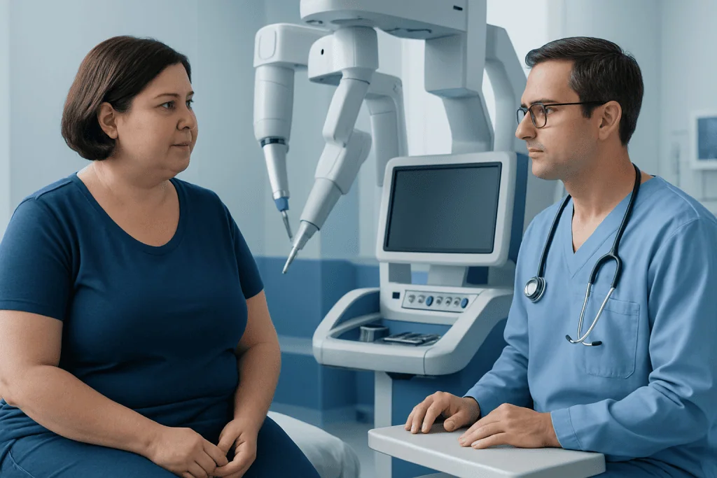 Doctor consulting patient in a medical examination room with advanced equipment.
