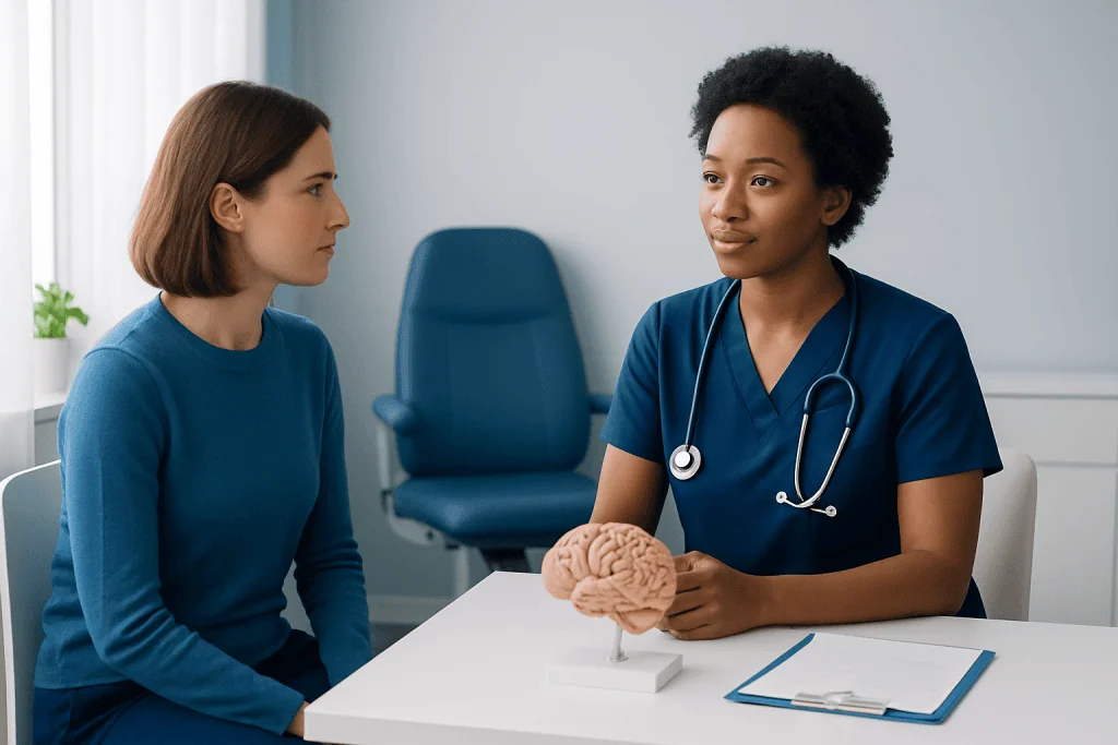 Doctor explaining prefrontal cortex functions to patient in consultation room.
