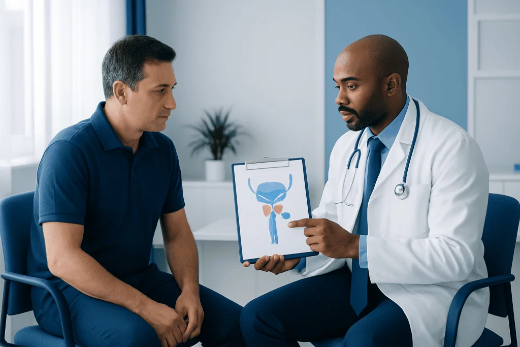 Urologist explaining prostate diagram to patient in consultation room.