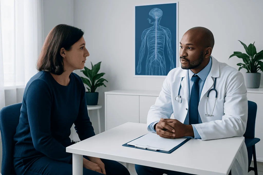 Doctor consulting with patient in a medical office with nervous system diagram.