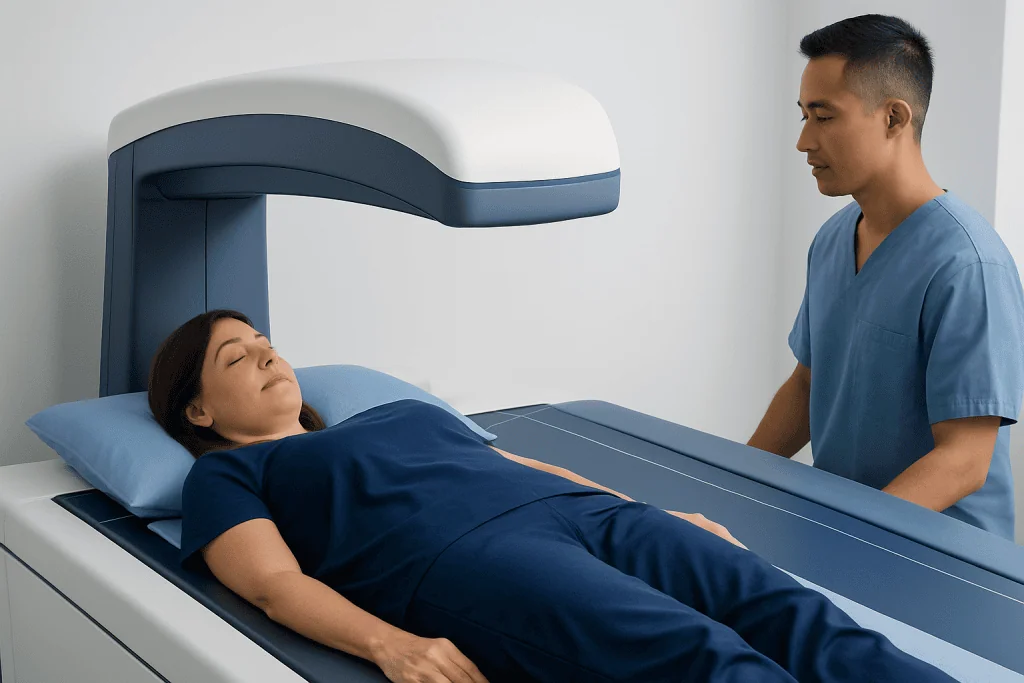 Patient undergoing a bone density scan with DEXA machine at Acibadem Hospital.