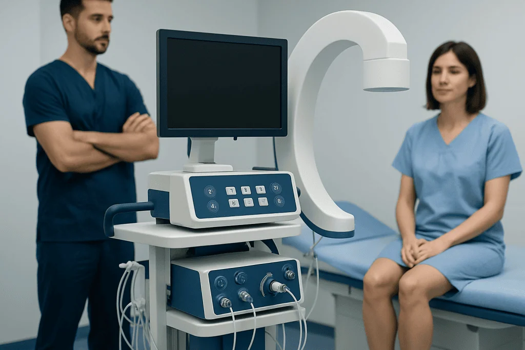 Medical professionals preparing for urodynamic testing in a clinical setting.