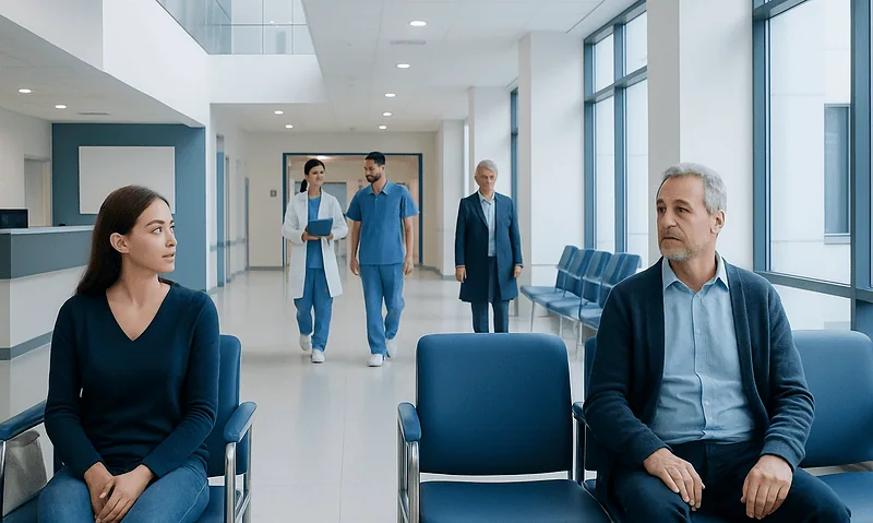 Patients waiting in a hospital corridor with medical staff in the background.