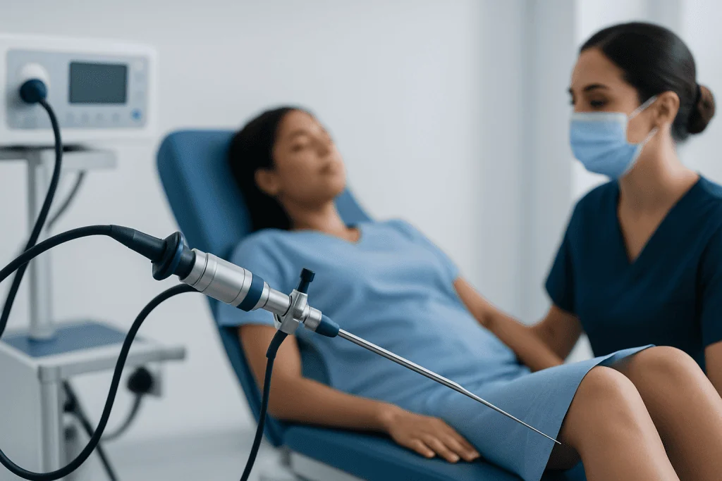 Doctor preparing for hysteroscopy procedure in a hospital setting.
