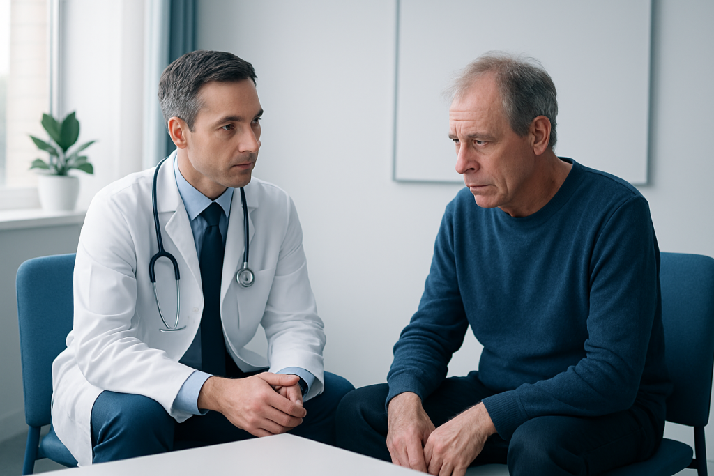 Doctor consulting with a patient about memory and behavior changes.