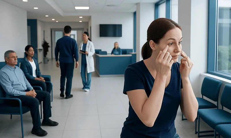Contact Lenses, Glasses, Hearing Aids, and Dentures on Procedure Day 13 Woman waiting in hospital corridor with other patients and staff.