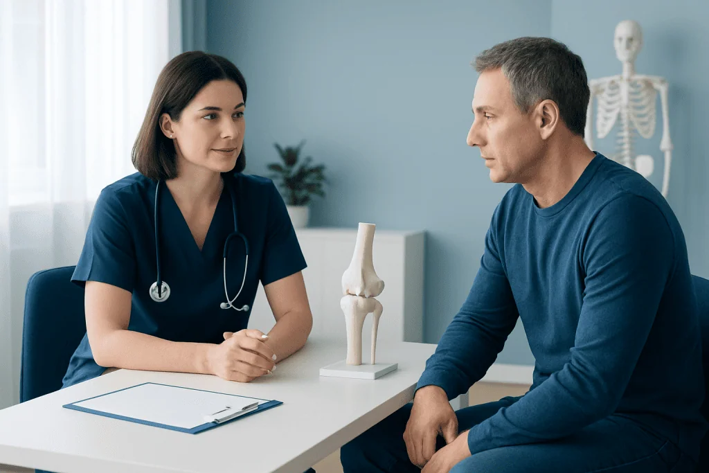 Doctor consulting with patient about knee joint in a medical office.