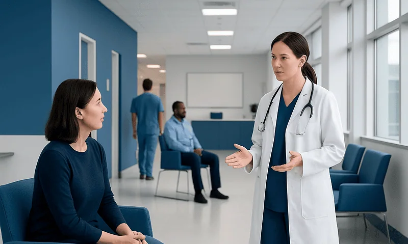 Doctor consulting a patient in a hospital corridor.