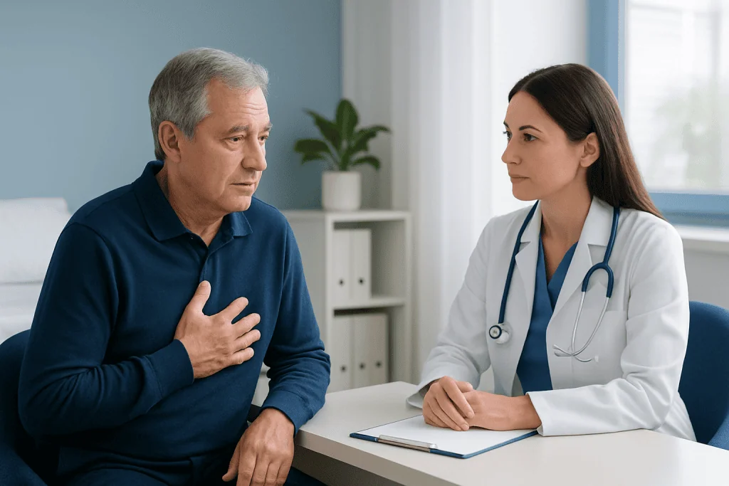 Doctor consulting with a male patient about heart health symptoms.