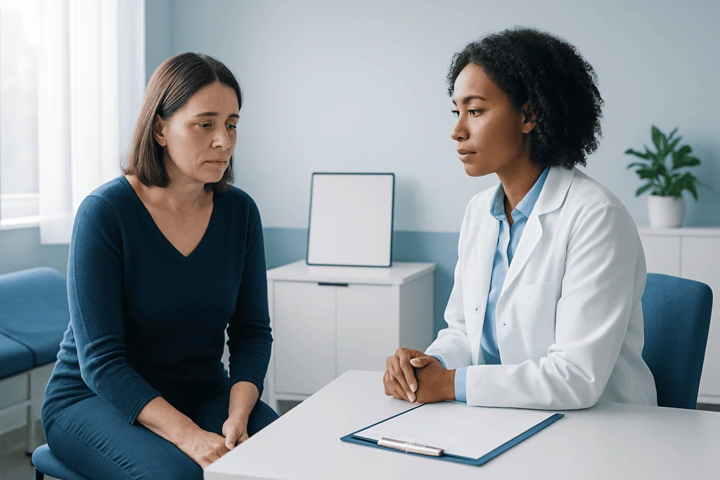 Doctor consulting with a patient about health concerns in a medical office.