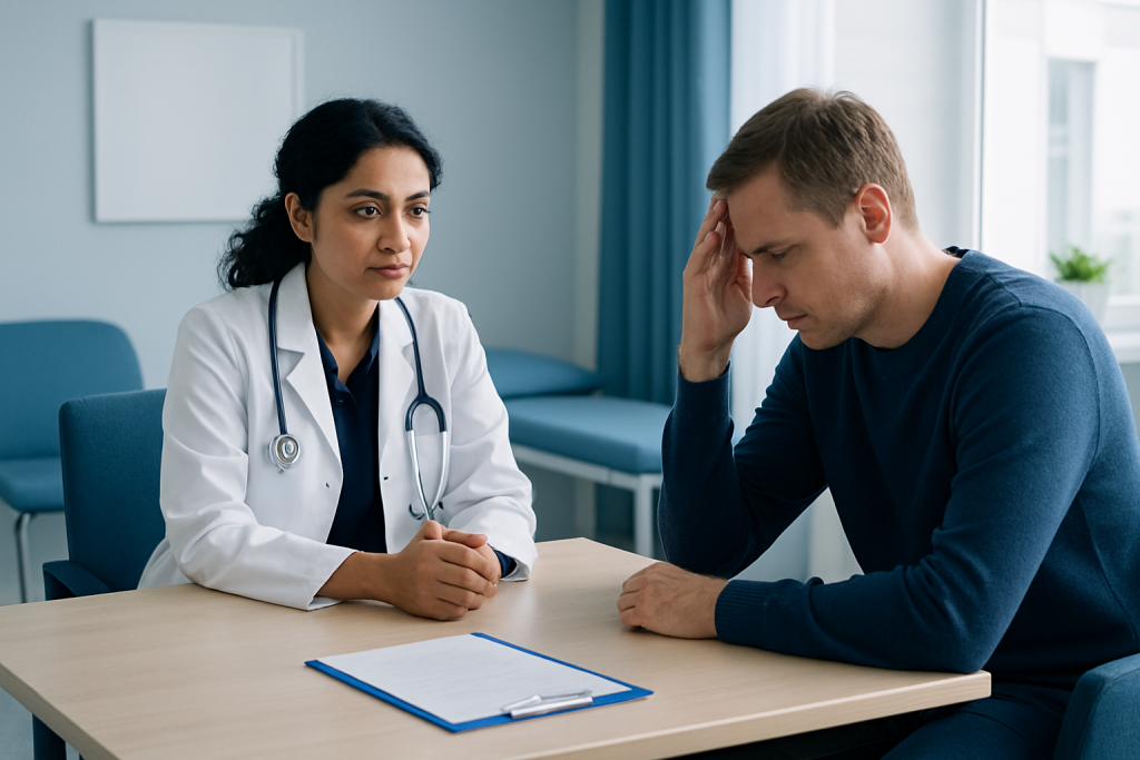 Doctor consulting with a patient about neuropsychiatric symptoms after brain infection.