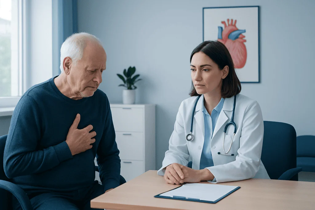 Doctor examining a patient with heart symptoms in a clinical setting.
