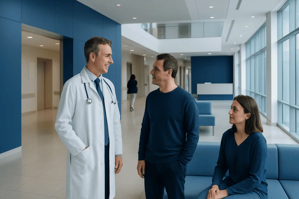 At Acibadem, How We Present Doctor Experience, Team Roles, and Care Responsibility 1 Doctor talking with a male patient and a female patient in a modern hospital lobby.