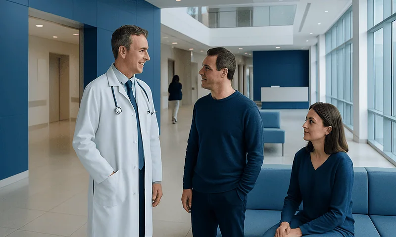Doctor talking with a male patient and a female patient in a modern hospital lobby.