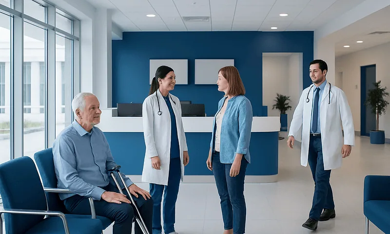 Patients and doctors in a modern hospital lobby engaging in conversation.