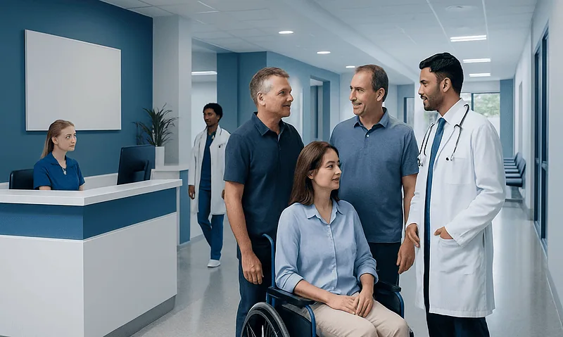 Hospital staff and patients in a modern healthcare facility in Turkey.