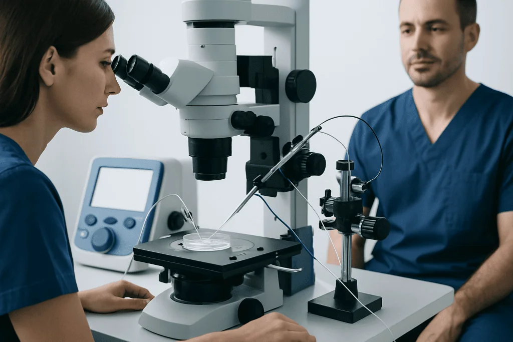 Medical researchers using a microscope in a laboratory setting.