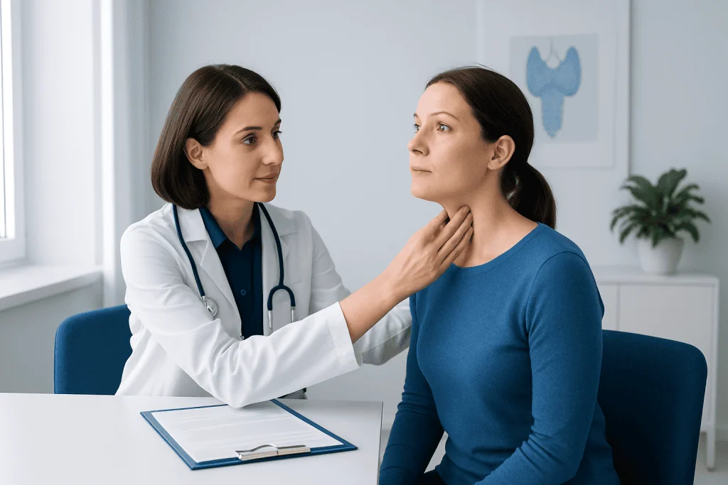 Doctor examining a woman's neck for thyroid issues during consultation.