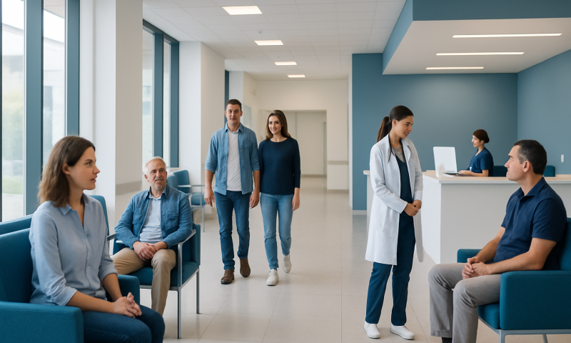 Patients and medical staff in a modern hospital waiting area.