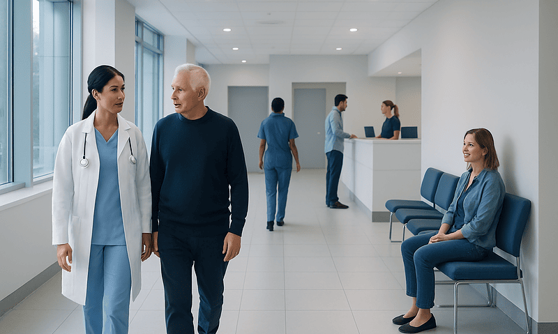 Doctor talking to a patient in a hospital corridor with waiting area.