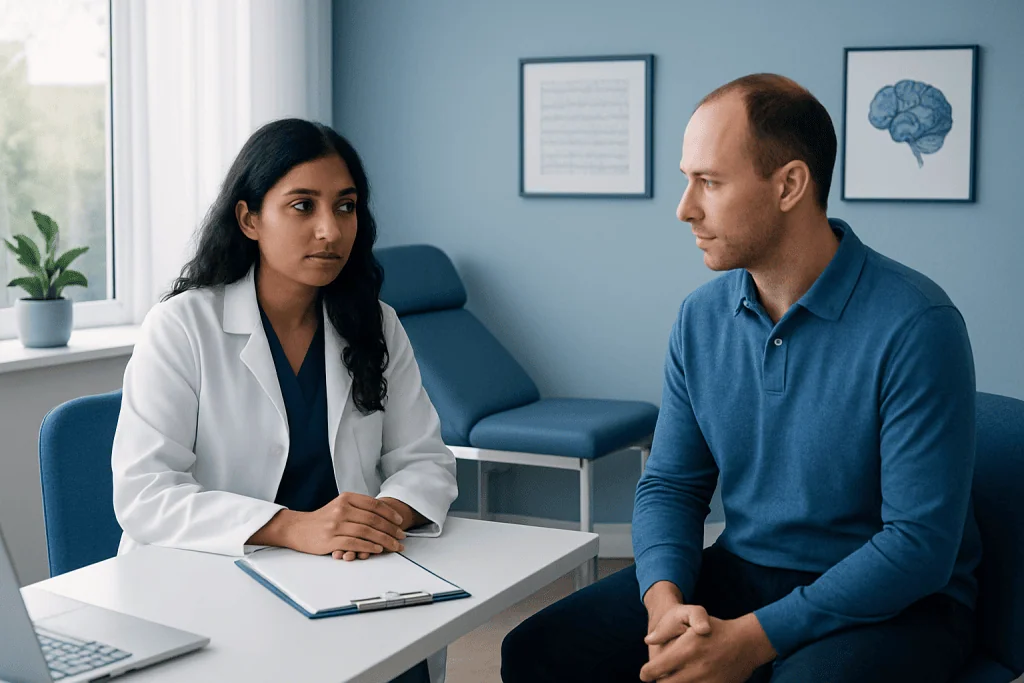 Doctor consulting with patient in a medical office setting.