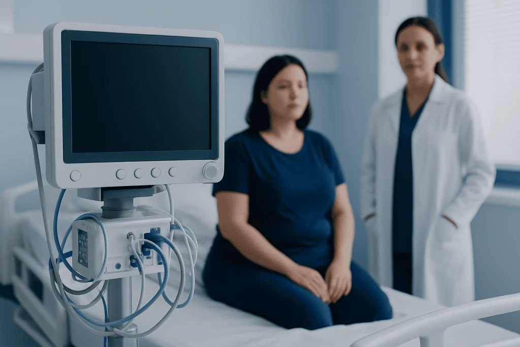 Medical consultation with a doctor and patient in a hospital room.