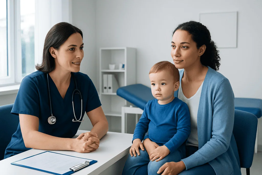 Pediatric consultation at Acibadem Hospital with doctor and mother with child.