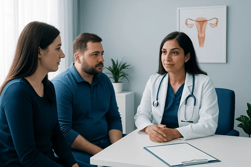 Doctor consulting with a couple about fertility and weight loss options.