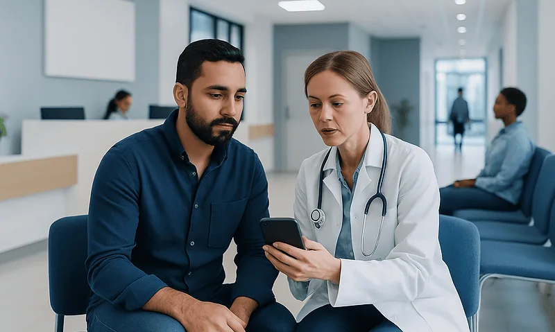 Doctor and patient using translation app during medical consultation at Acibadem Hospital.