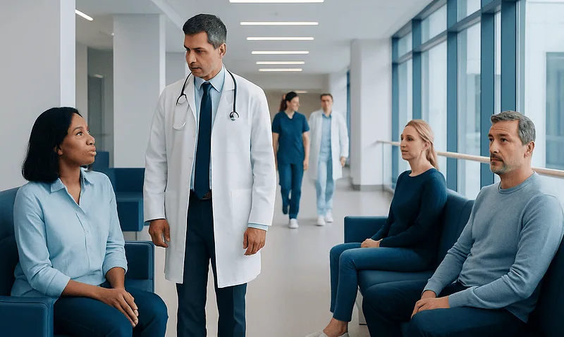 Doctor consulting with patients in a hospital corridor in Turkey.