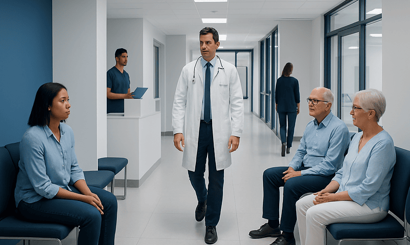 Doctor consulting with patients in hospital corridor.