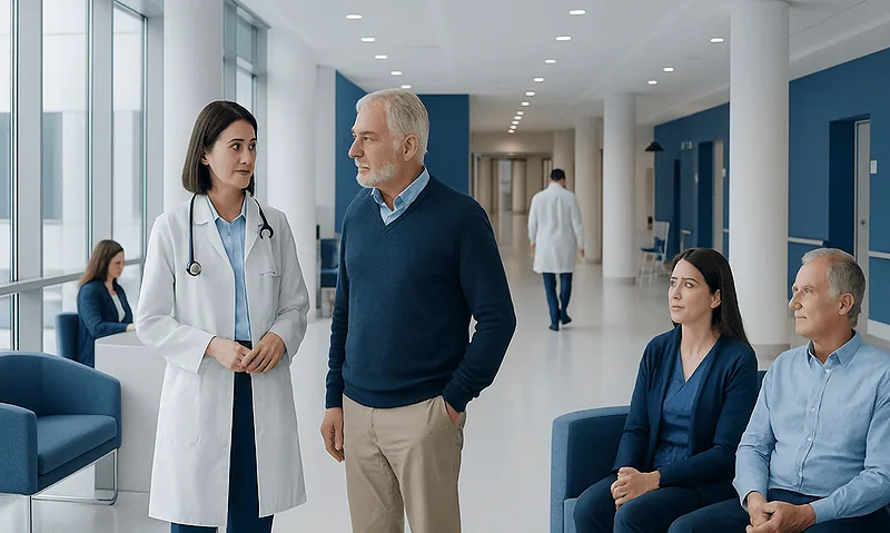 Doctor consulting with patient and family in hospital corridor.