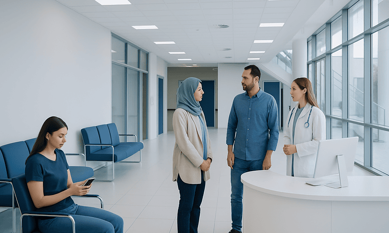 Patients and staff in a modern hospital reception area in Turkey.