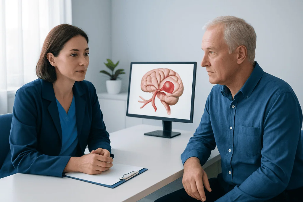 Doctor explaining brain aneurysm to patient in consultation room.