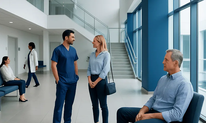 Modern hospital lobby with healthcare professionals and patients.